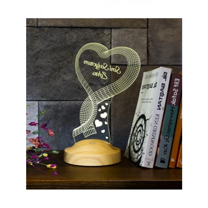 3 Boyutlu Kalpli LED Lamba - Kişiye Özel Hediye