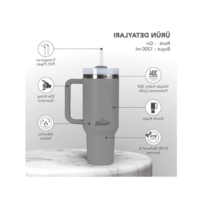 3 Kademeli Çevirmeli Kapaklı Termos Mug - 1200 ml, Gri Renk