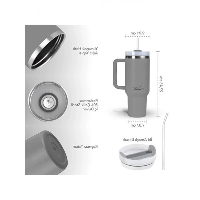 3 Kademeli Çevirmeli Kapaklı Termos Mug - 1200 ml, Gri Renk