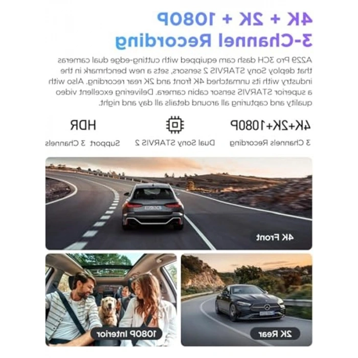 3 Kameralı Araç Kamerası, Ön-İç-Arka 4K+2K Kayıt
