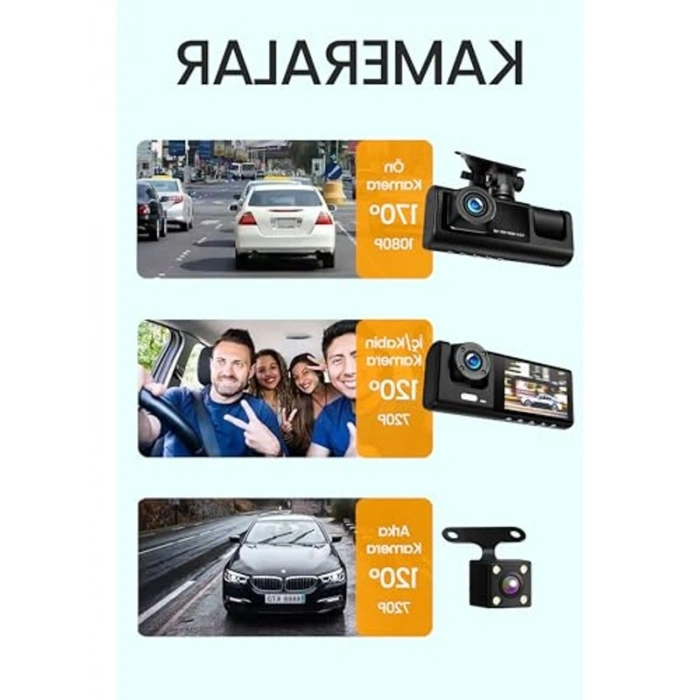 3 Kameralı FullHD Araç Kamerası, Hareket Sensörü ile