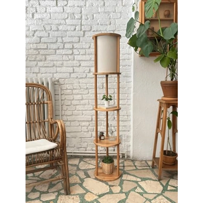 3 Katlı Ahşap Lambader ve Keten Abajur