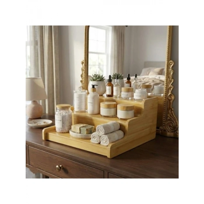 3 Katlı Doğal Bambu Baharat Rafı - Tezgah Üstü Organizer