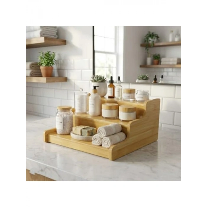 3 Katlı Doğal Bambu Baharat Rafı - Tezgah Üstü Organizer