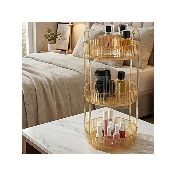 3 Katlı Kozmetik Organizer, Yuvarlak Tasarım, Amber Sarı