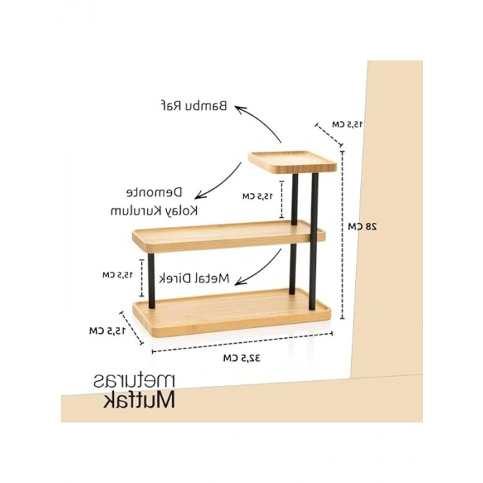 3 Katlı Metal Ayaklı Bambu Mutfak Rafı, Modern Tasarım