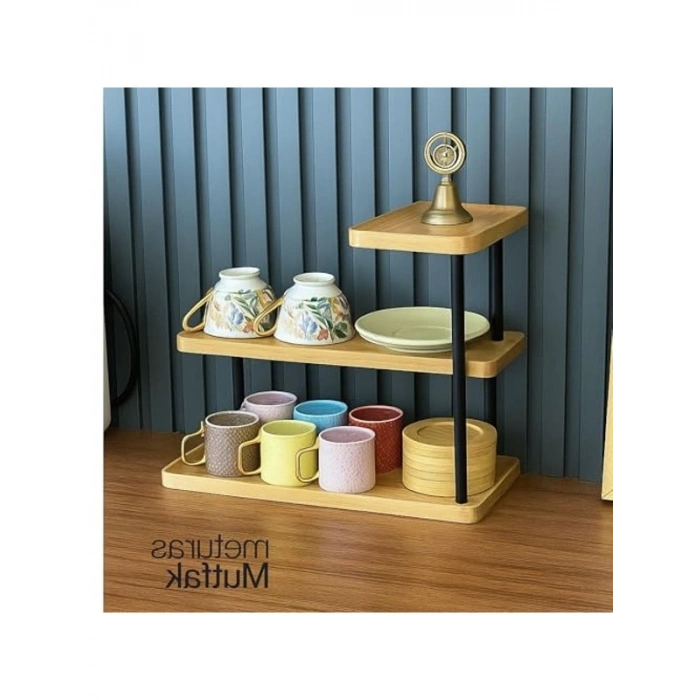 3 Katlı Metal Ayaklı Bambu Mutfak Rafı, Modern Tasarım