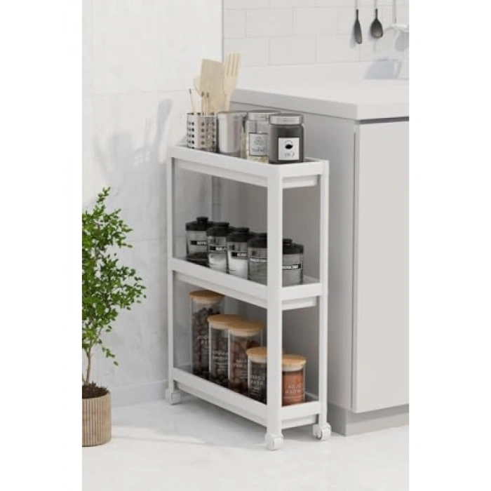 3 Katlı Tekerlekli İnce Beyaz Banyo ve Mutfak Rafı