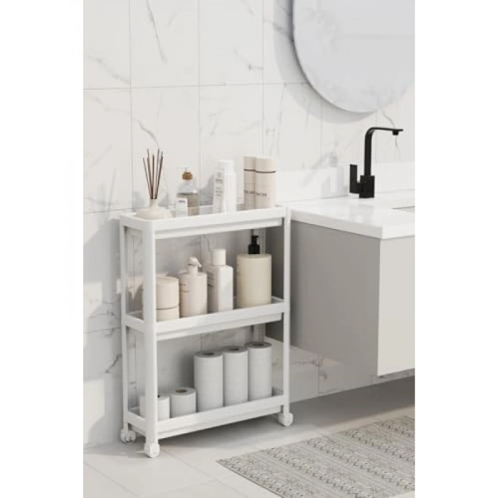 3 Katlı Tekerlekli İnce Beyaz Banyo ve Mutfak Rafı