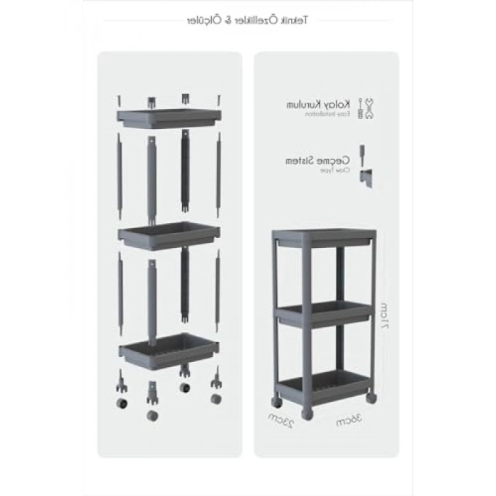 3 Katlı Tekerlekli Raf Ünitesi - Çok Amaçlı Mutfak ve Banyo Organizeri