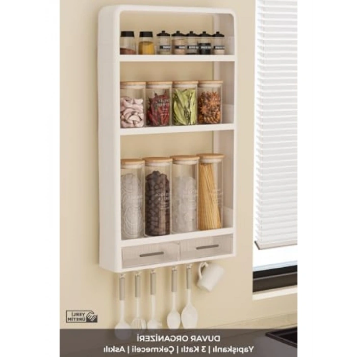 3 Katlı Yapışkanlı Duvar Rafı, 2 Çekmeceli, Beyaz