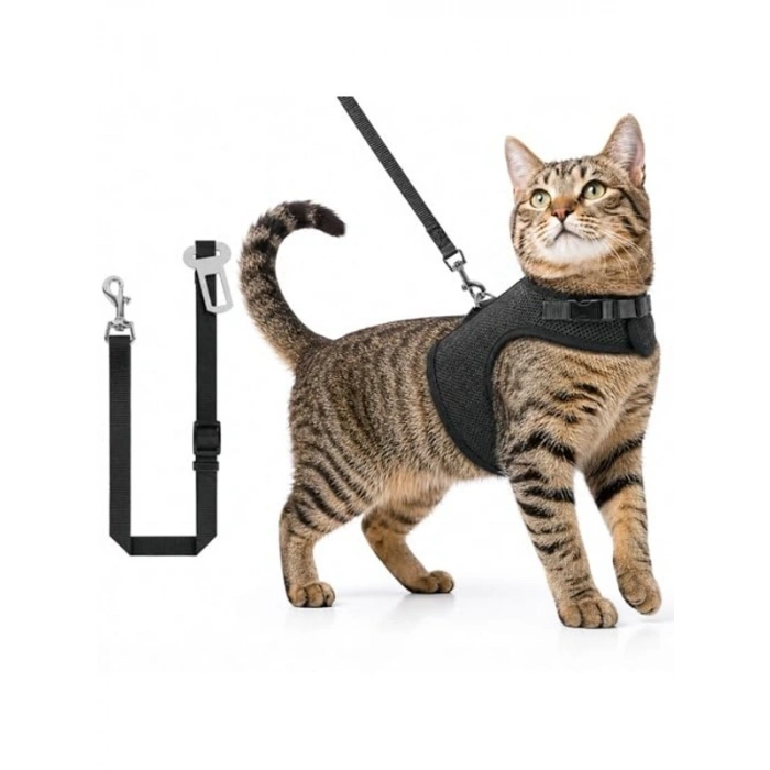 3 Katmanlı Nefes Alabilen Kedi Göğüs Tasma - 3lü Set, Siyah