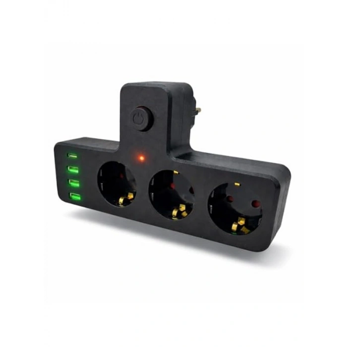 3lü Akım ve Termal Korumalı Priz, 3x USB-A ve 1x USB-C PD ile Hızlı Şarj