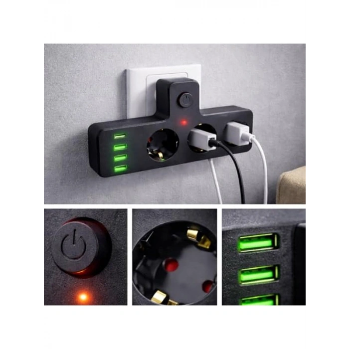 3lü Akım ve Termal Korumalı Priz, 3x USB-A ve 1x USB-C PD ile Hızlı Şarj