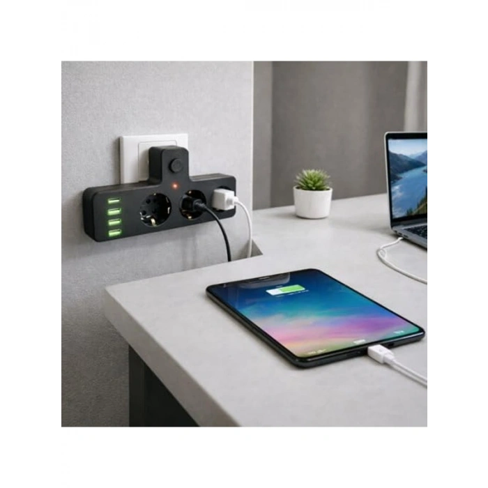 3lü Akım ve Termal Korumalı Priz, 3x USB-A ve 1x USB-C PD ile Hızlı Şarj