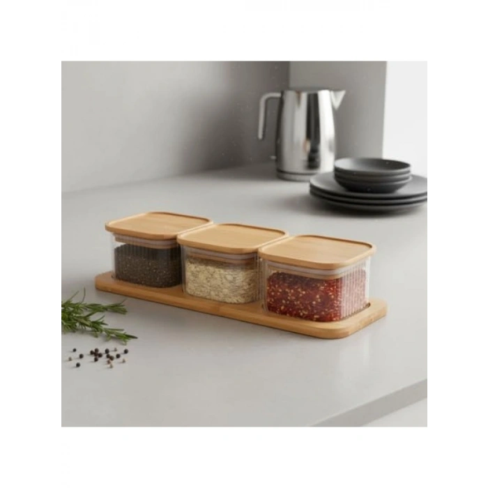 3lü Bambu Kapaklı Cam Kahvaltılık Seti