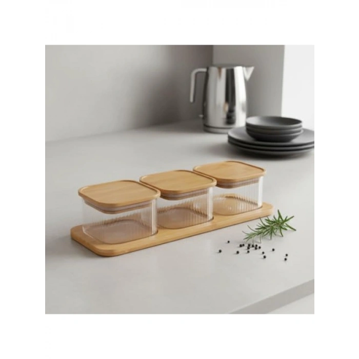 3lü Bambu Kapaklı Cam Kahvaltılık Seti