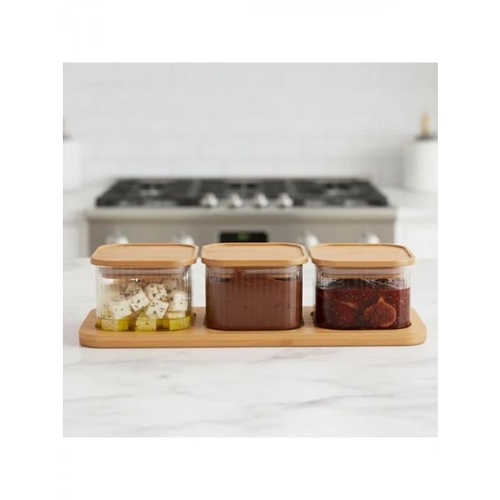 3lü Bambu Kapaklı Cam Kahvaltılık Seti