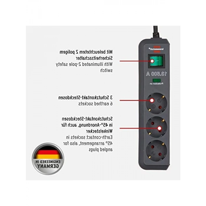 3lü Çoklu Priz, Yüksek Gerilim Koruma, 1.5 m Kablolu