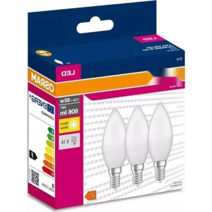 3lü E14 Duy Sarı Işık LED Mum Ampul - 7,5W