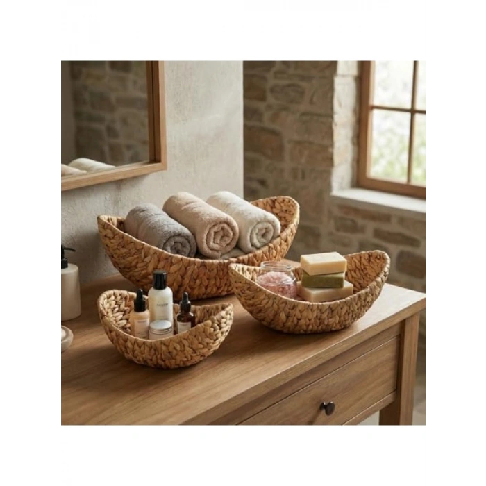 3lü Hasır Kayık Sepet Seti, Doğal Örgü Tasarım