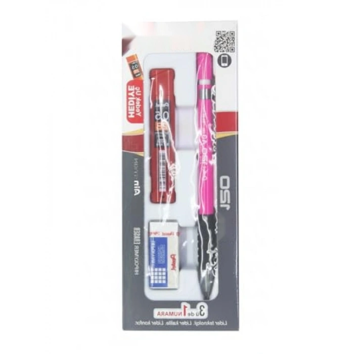 3lü Okul Seti - Kalem, Silgi ve Hediye Min, Pembe