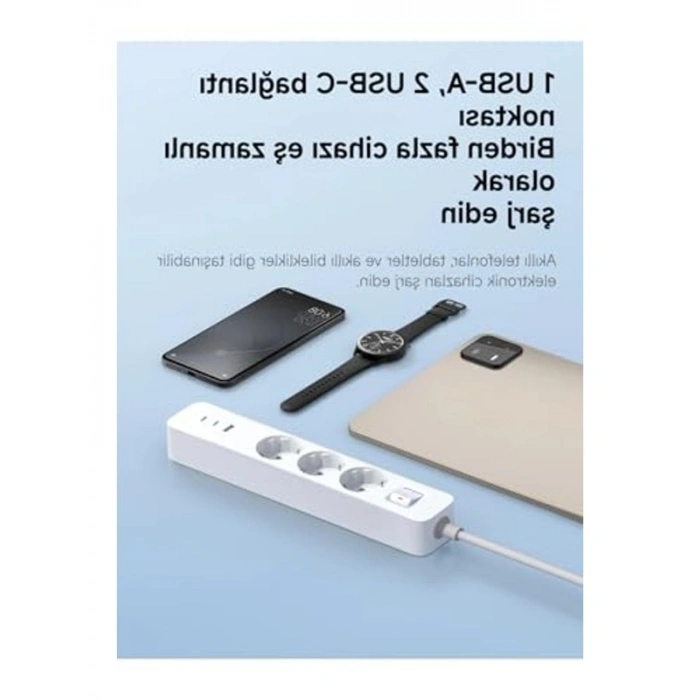 3lü Priz, 20W Hızlı Şarj, 2x USB-C ve 1x USB-A Girişi