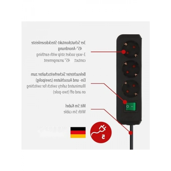 3lü Priz - Çocuk Emniyetli, 5 M Kablo ile