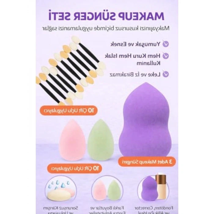 3lü Profesyonel Makyaj Süngeri Seti ve Aplikatörler