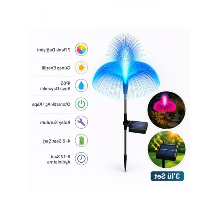 3lü Set Bahçe Lambası, Denizanası Tasarımı, 7 Renk LED