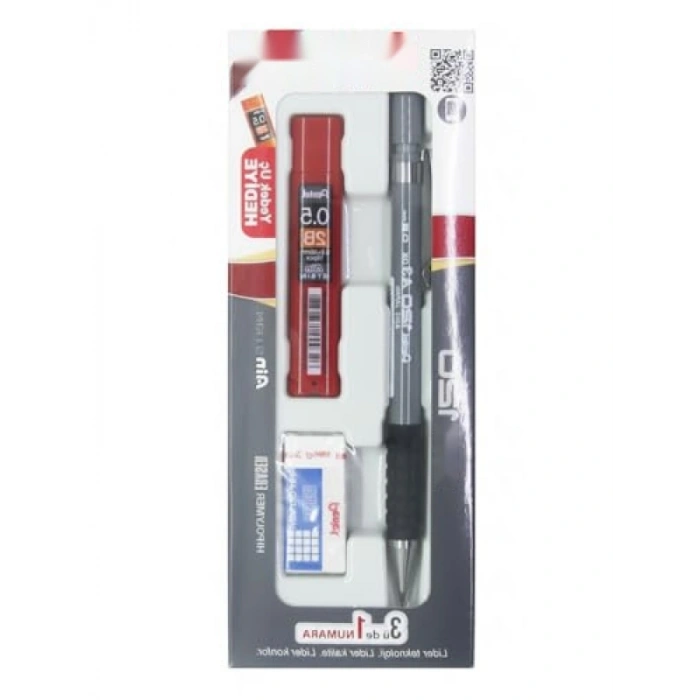 3lü Takım - Versatil Kalem, Silgi ve Hediye Mini Okul Seti - Gri