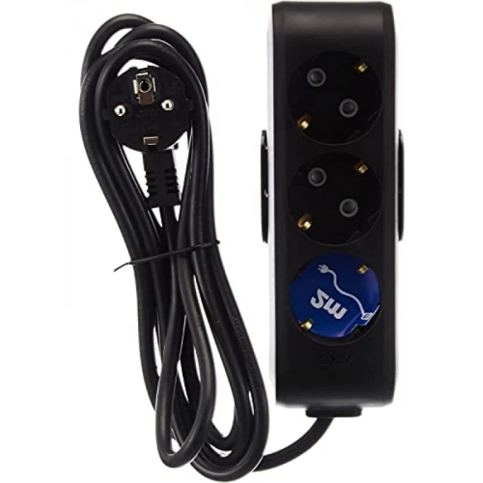 3lü Topraklı Kablolu Priz, 2m Uzunluk, Siyah