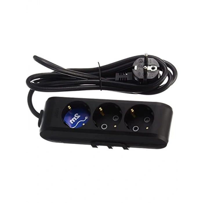 3lü Topraklı Kablolu Priz, 2m Uzunluk, Siyah