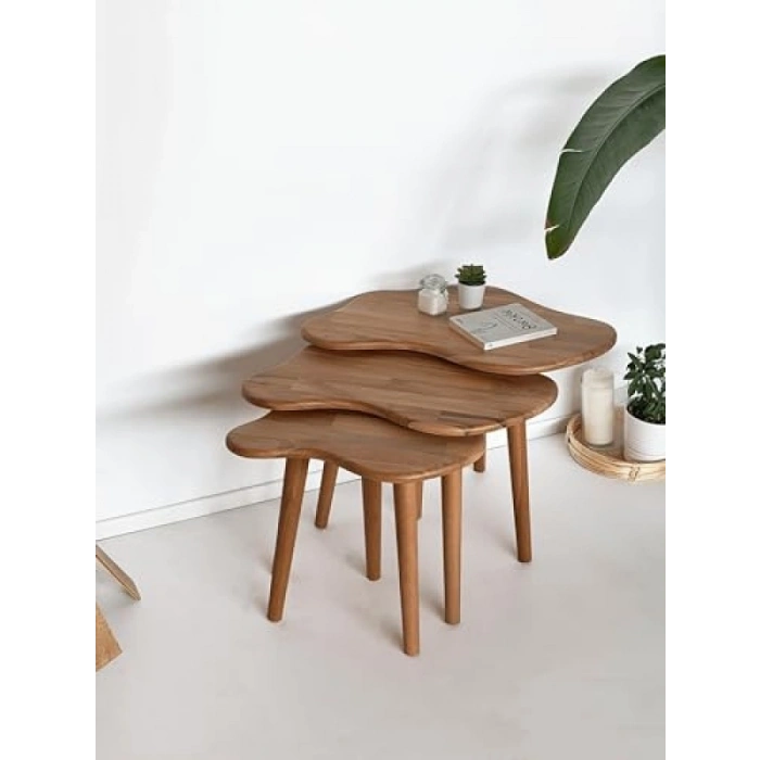 3lü Zigon Bulut Sehpa Seti - Doğal Ahşap Tasarım