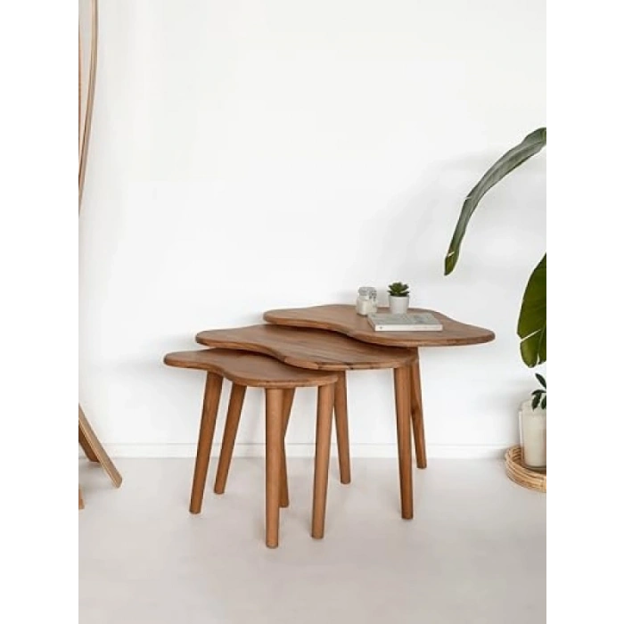 3lü Zigon Bulut Sehpa Seti - Doğal Ahşap Tasarım