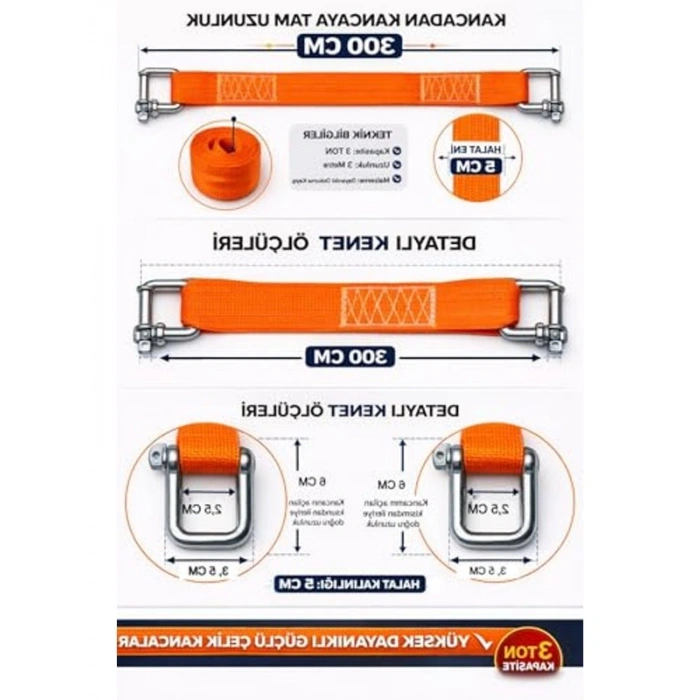3 Metre Uzunluğunda Dayanıklı Çeki Halatı, Metal Kancalı Araç Çekme Seti