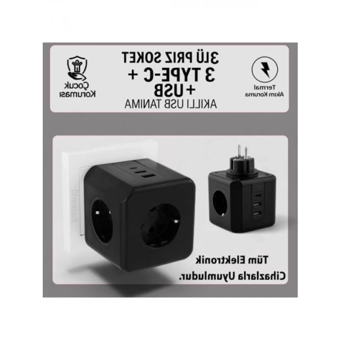 3 Prizli Grup Şarj Fişi, 2 USB + 1 Type-C, Kısa Devre Koruma