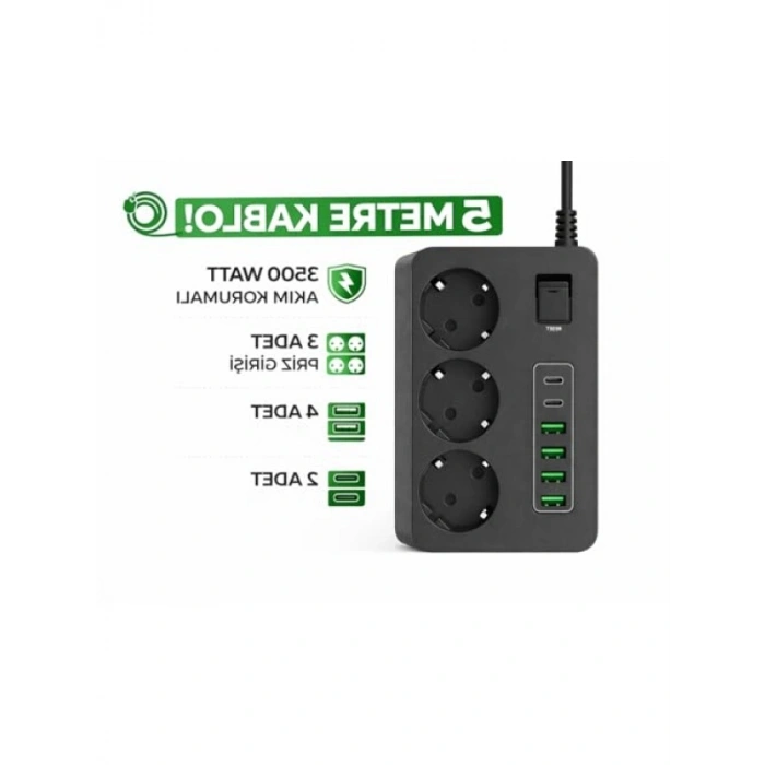 3 Prizli Uzatma Kablosu - 5 Metre, 4 USB + 2 Type-C
