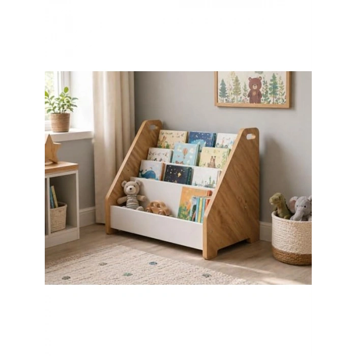 3 Raflı Kapaklı Ahşap Kitaplık, Montessori Tarzı