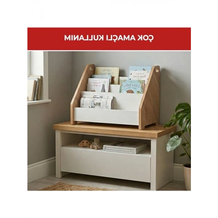 3 Raflı Kapaklı Ahşap Kitaplık, Montessori Tarzı
