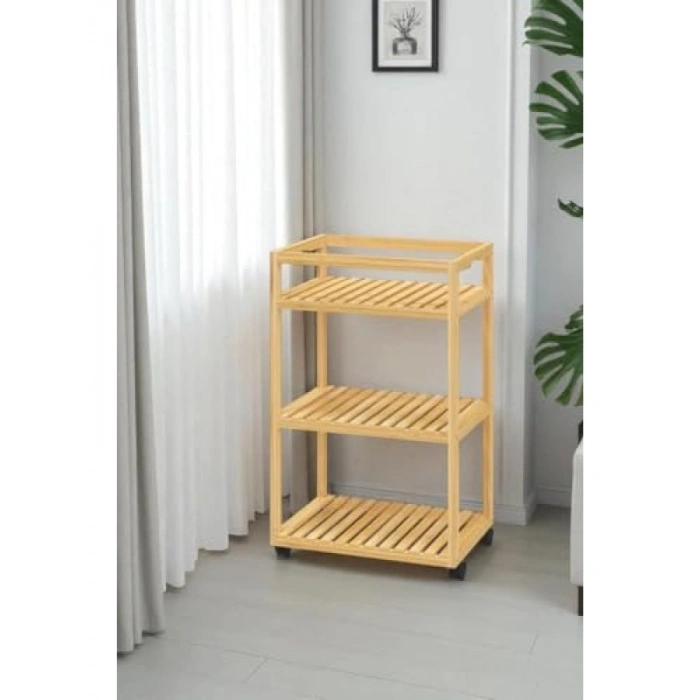 3 Raflı Tekerlekli Bambu Sunum Servis Arabası
