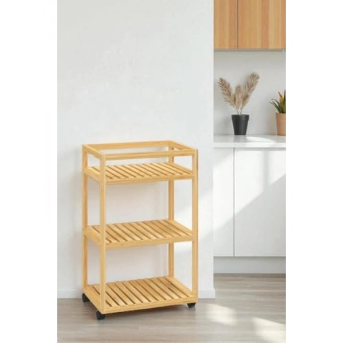 3 Raflı Tekerlekli Sunum Servis Arabası, Bambu Tasarım