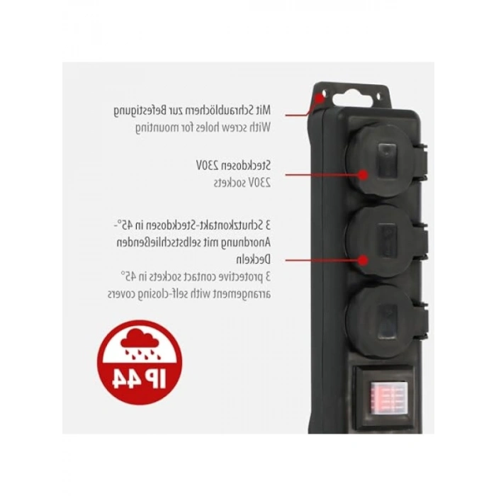 3 Soketli Dış Mekan Prizi, 2 Metre Kablolu, IP44 Lisanslı