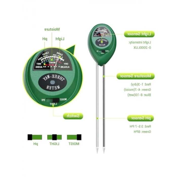 3ü Bir Arada Toprak Nem, pH ve Işık Ölçer