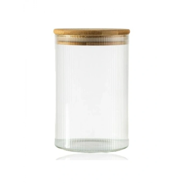 300 ml Bambu Kapaklı Yuvarlak Çizgili Cam Kavanoz