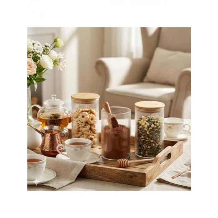 300 ml Bambu Kapaklı Yuvarlak Çizgili Cam Kavanoz