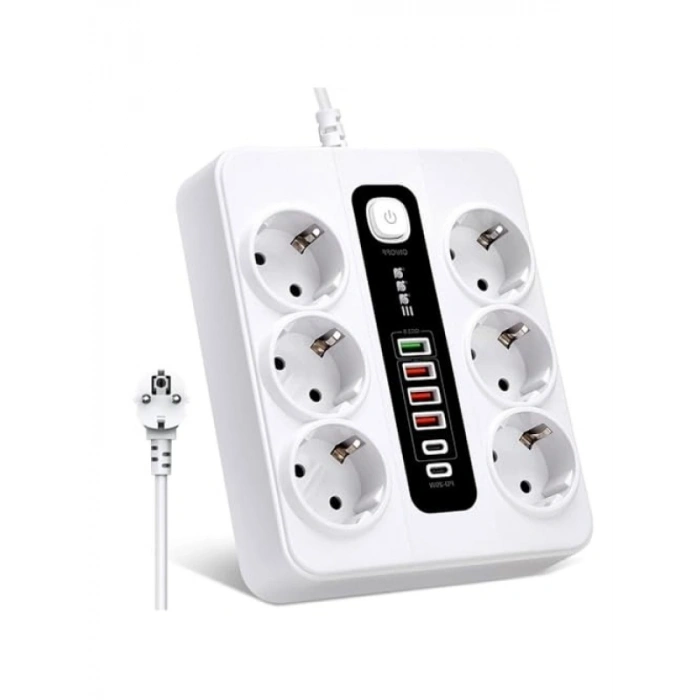 3000W 6lı Priz Uzatma Kablosu - 4 USB, 2 Type-C Giriş