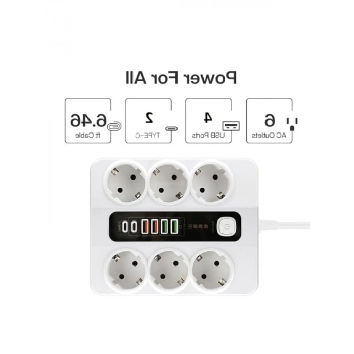3000W 6lı Priz Uzatma Kablosu - 4 USB, 2 Type-C Giriş