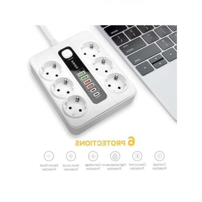 3000W 6lı Priz Uzatma Kablosu - 4 USB, 2 Type-C Giriş