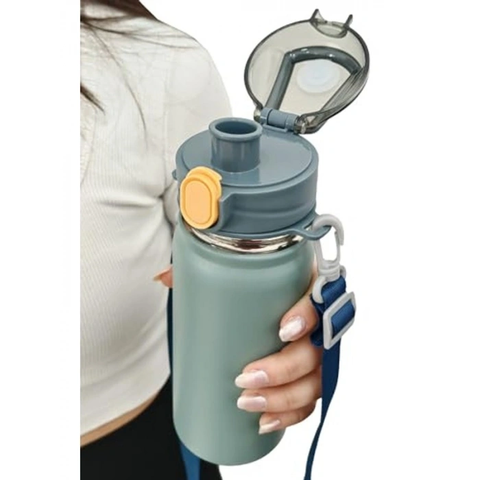 304 L Çelik Mavi 600 ml Askılı ve Pipetli Matara Suluk cin411mv